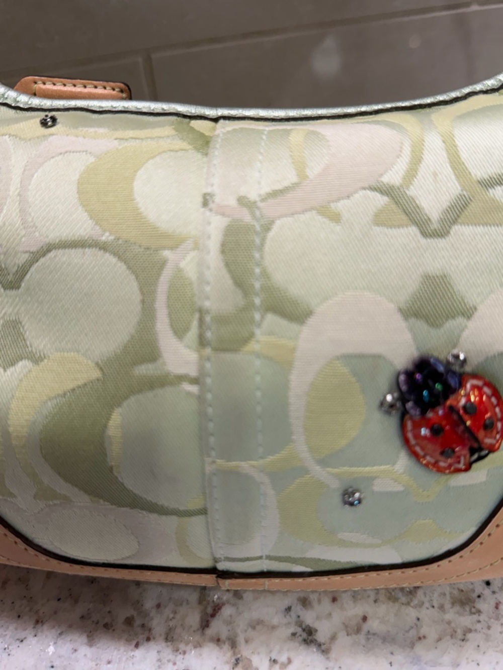 Vintage Coach Light Green Signature Hobo with Tan Trim and Ladybug Accents - Picture 8 of 16